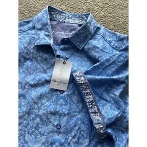 Robert Graham Shirt Mens XXL Blue Button Up Damask Floral Contrast Trim